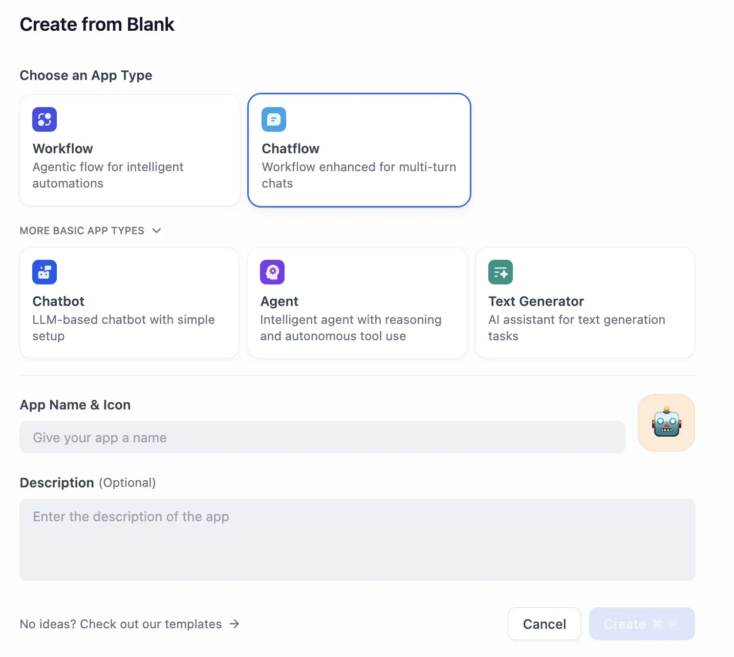 Dify 앱 생성 화면 - Workflow, Chatflow, Agent 등 앱 타입 선택