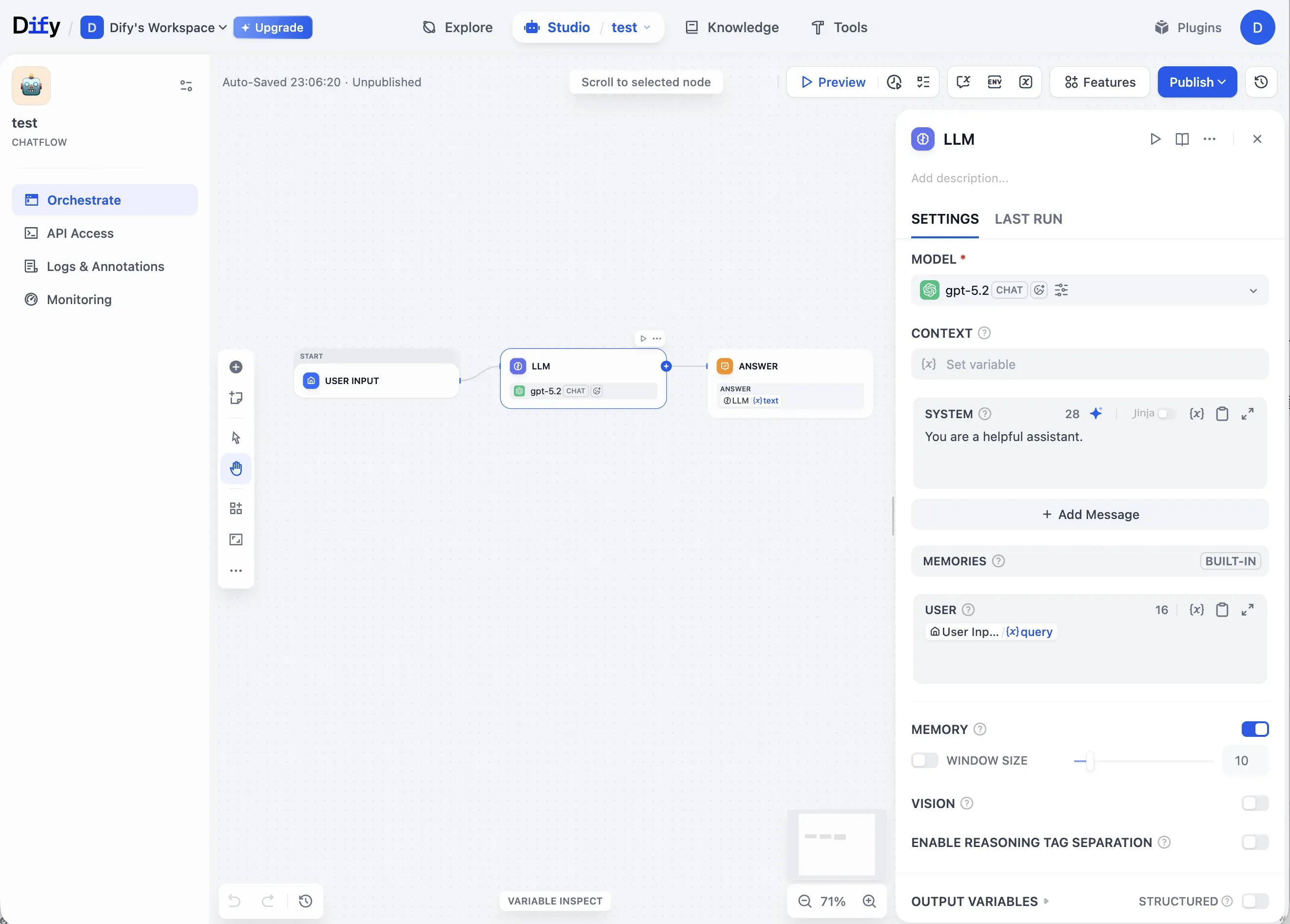 Dify Chatflow 편집기 - 노드 기반 워크플로우 구성 화면