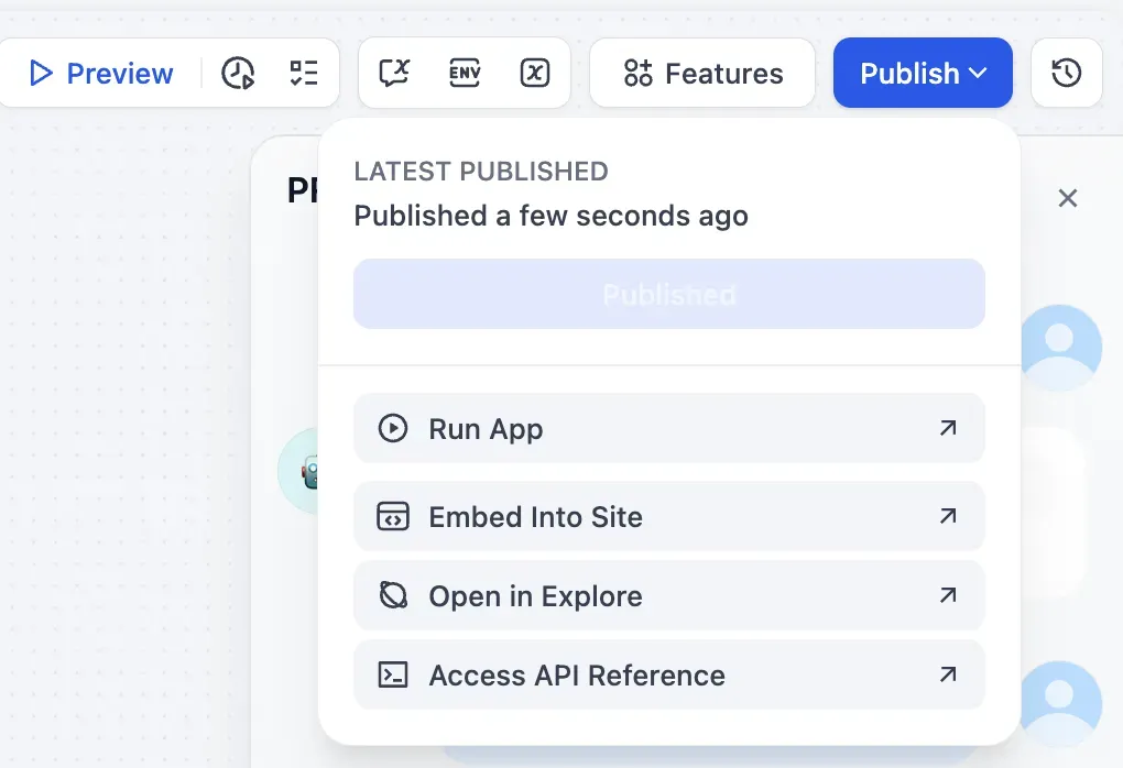 Dify Publish 옵션 - Run App, Embed, API Reference 배포 방식