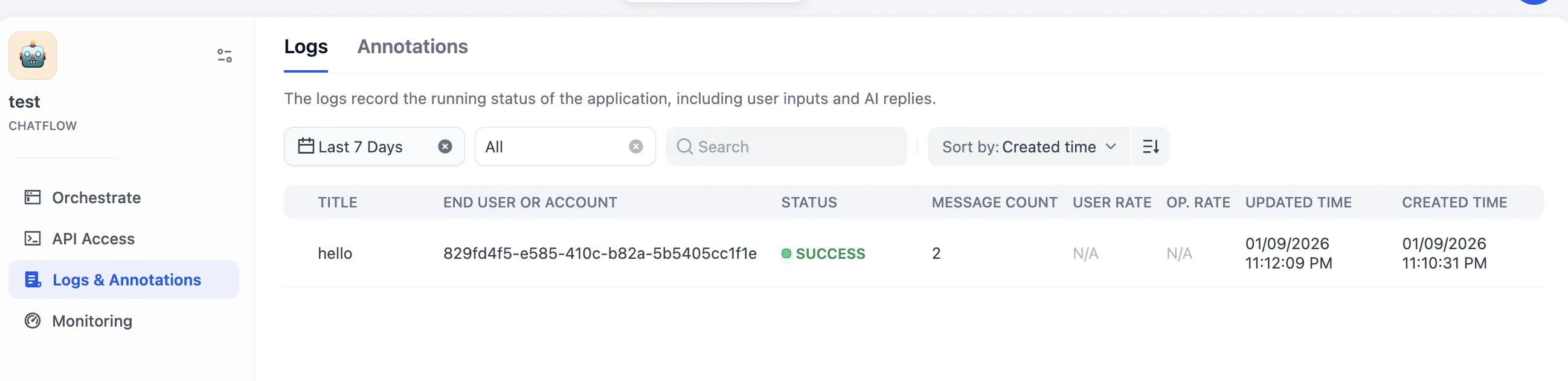 Dify Logs - 세션별 상태, 메시지 수, 생성 시간 로그
