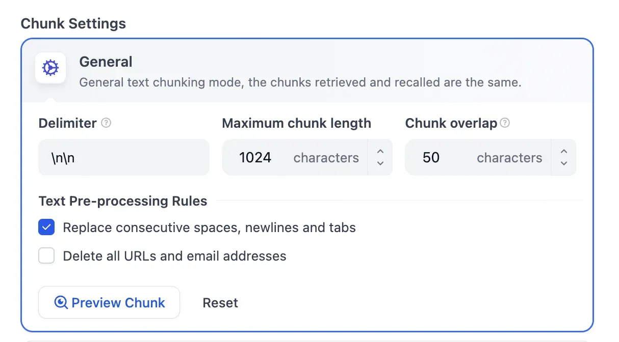 Dify Chunk Settings - Delimiter, chunk length, overlap 설정 화면