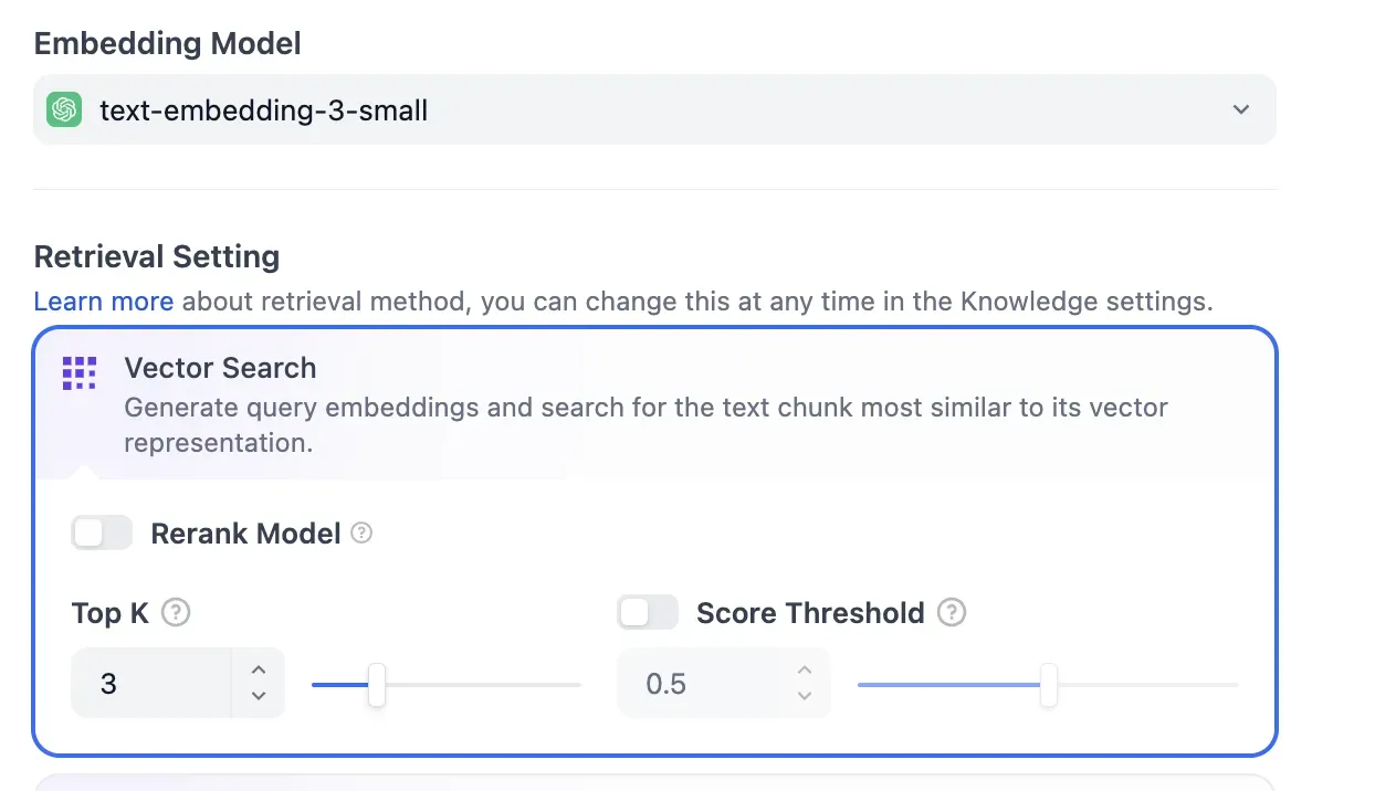 Dify Retrieval Settings - Embedding Model, Vector Search, Top K 설정
